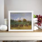 Vintage wall art featuring horse riders in open fields with soft, natural colors, including green grass, blue skies, and brown horses. displayed on the wall