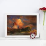 Vintage wall art of glowing red desert rocks with a vivid sunset sky and rugged terrain by Infidu. displayed on the wall