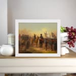 Vintage military wall art featuring soldiers, a cannon, and a dramatic battlefield with earthy tones and a golden sky. hung on the wall