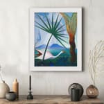 Vintage wall art with a white bird, tropical trees, and mountain background in soft blue, green, and brown tones. displayed on the wall