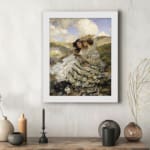 Vintage wall art showing two women in flowing dresses sitting on a grassy hillside with a dog, under a blue sky with white clouds. displayed on the wall