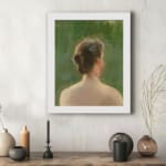 Vintage wall art showing the back view of a woman with tied hair, set against a rich green background with soft, blended brushstrokes. displayed on the wall
