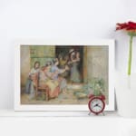 Vintage wall art of women sitting outside a house, talking, with warm tones and traditional details in the background. displayed on the wall