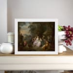 Vintage 1700s gathering wall art with elegantly dressed people in an outdoor setting surrounded by trees. displayed on the wall