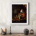 Vintage royal gathering wall art with glowing central figure, colorful robes, and rich dark background displayed on the wall