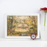 Vintage wall art of a peaceful countryside with a stream, tall trees, and a wooden house in soft earthy tones. displayed on the wall