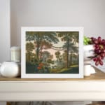 Vintage forest wall art with tall trees, red flowers, and a serene river scene. displayed on the wall