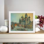 Vintage snowy cityscape with Russian domes, soft blue and yellow tones, cozy winter scene by Infidu. displayed on the wall
