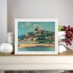 Vintage wall art of a hilltop fort and village with scenic river, soft colors, and calm sky. displayed on the wall
