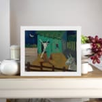 Vintage folk-art wall art with abstract animals, a green-roofed barn, and a crescent moon in a dark blue sky. displayed on the wall
