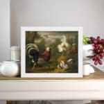Vintage wall art of roosters and hens in a peaceful farmyard setting with natural earthy tones. displayed on the wall