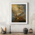 Vintage wall art depicting heavenly angels in soft tones of golden yellow, white, and light blue amidst swirling clouds. displayed on the wall