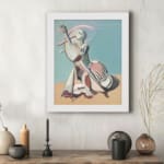 Vintage abstract wall art of a stylized cello player in soft pastel tones with geometric shapes and minimal background. displayed on the wall