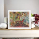 Infidu Vintage Abstract Wall Art with Dreamy Dog Figure, colorful and surreal design with soft brushstrokes and a misty background. displayed on the wall