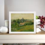 Infidu Vintage Countryside Landscape Wall Art featuring a charming village scene with green fields, trees, and a warm yellow sky. displayed on the wall