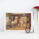 Vintage wall art of a cozy artist studio with maroon walls, easel, chairs, and natural light. displayed on the wall