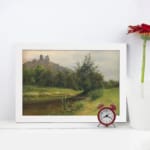 Vintage countryside wall art with hills, stream, and trees in soft green and blue tones by Infidu. displayed on the wall