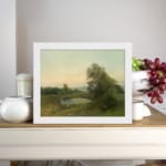 Infidu serene vintage nature wall art with pond, trees, and soft sunrise colors. displayed on the wall