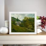 Vintage countryside wall art with green hills, trees, and a gray-roofed house in a calm rural setting. displayed on the wall