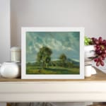 Vintage wall art of peaceful hills and soft clouds in natural green and blue tones. displayed on the wall