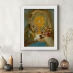 Vintage wall art of angels surrounding a glowing golden sacred symbol with soft clouds and light in the background. displayed on the wall