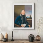 Vintage portrait wall art of an older man in a fur-trimmed coat holding a paper, with a window view and soft sky in the background. displayed on the wall