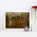 Vintage wall art of an ornate historic interior with chandeliers, framed portraits, and richly detailed furniture in warm earthy tones. displayed on the wall