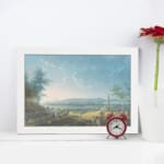 Vintage lakeside scene with people, hills, and a calm sky in soft tones. displayed on the wall
