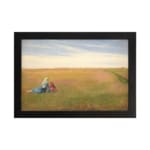 Vintage wall art of two women sitting in an open field under a bright, cloudy sky with soft green and yellow tones. hung on the wall
