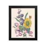 Infidu vintage wall art featuring a vibrant sunflower with soft blue and pink flowers, green leaves, and a delicate butterfly. hung on the wall on a white background
