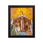 Vintage wall art of the Virgin Mary protecting people under her cloak in earthy tones. hung on the wall