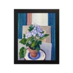 Vintage wall art with potted purple flowers and terracotta pot on a blue and white plate, set against a soft geometric background. hung on the wall