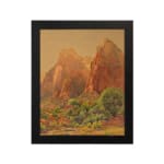 Infidu Rustic Mountain Scene vintage wall art showing mountains with reddish-brown cliffs, green trees, and a golden-yellow sky. hung on the wall