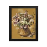 Vintage floral bouquet in a golden vase on a yellow background. hung on the wall