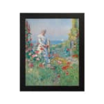 Vintage wall art of a woman in a garden with pastel flowers, ocean view, and soft countryside details. hung on the wall