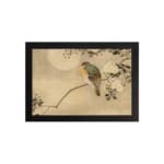 Infidu vintage wall art featuring a delicate bird perched on a branch with small leaves against a soft, neutral background. hung on the wall on a white background