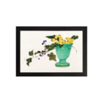 Infidu vintage wall art featuring a blue-green vase with bright yellow flowers, lush green leaves, and delicate purple berries against a light background. hung on the wall on a white background