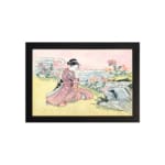 Infidu vintage wall art featuring a graceful Japanese woman in a traditional kimono with intricate patterns and soft colors. hung on the wall on a white background