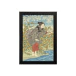 Infidu vintage wall art featuring a Japanese woman in a kimono with intricate details, set against a scenic background of blue sky, flowers, and water. hung on the wall on a white background