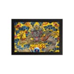 Infidu vintage wall art featuring a majestic dragon in gold, red, and silver tones, surrounded by blue clouds and fiery red flames on a vibrant yellow background. hung on the wall on a white background