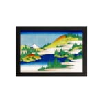 Infidu vintage wall art featuring a serene mountain lake with towering peaks, calm reflective waters, and surrounding trees. hung on the wall on a white background
