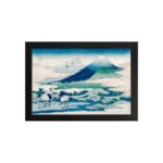 Vintage wall art of Mount Fuji with white cranes and flying birds in a peaceful nature scene. hung on the wall