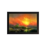 Infidu vintage ocean sunset wall art with fiery sky, waves, and glowing sun in bold colors of orange, red, yellow, and green. hung on the wall
