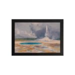 Vintage art of hot spring and erupting geyser with cloudy sky. hung on the wall