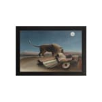 Infidu vintage wall art featuring a mysterious scene of a lion standing beside a sleeping person under a full moon in a serene, dreamlike landscape. hung on the wall on a white background