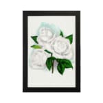 Vintage white rose wall art with green leaves and soft blue background. displayed on the wall