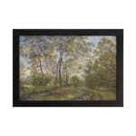 Infidu vintage wall art showing a peaceful forest path in soft green tones with trees, a dirt trail, and a blue sky. hung on the wall
