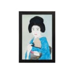 Vintage wall art of a graceful Japanese woman in a soft-toned kimono holding a fan. hung on the wall