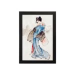 Vintage wall art of a Japanese woman in a soft blue kimono with a fan, styled with calm brush strokes and traditional details. hung on the wall