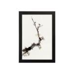 Minimal blossom branch vintage wall art in black and light brown on white background. hung on the wall